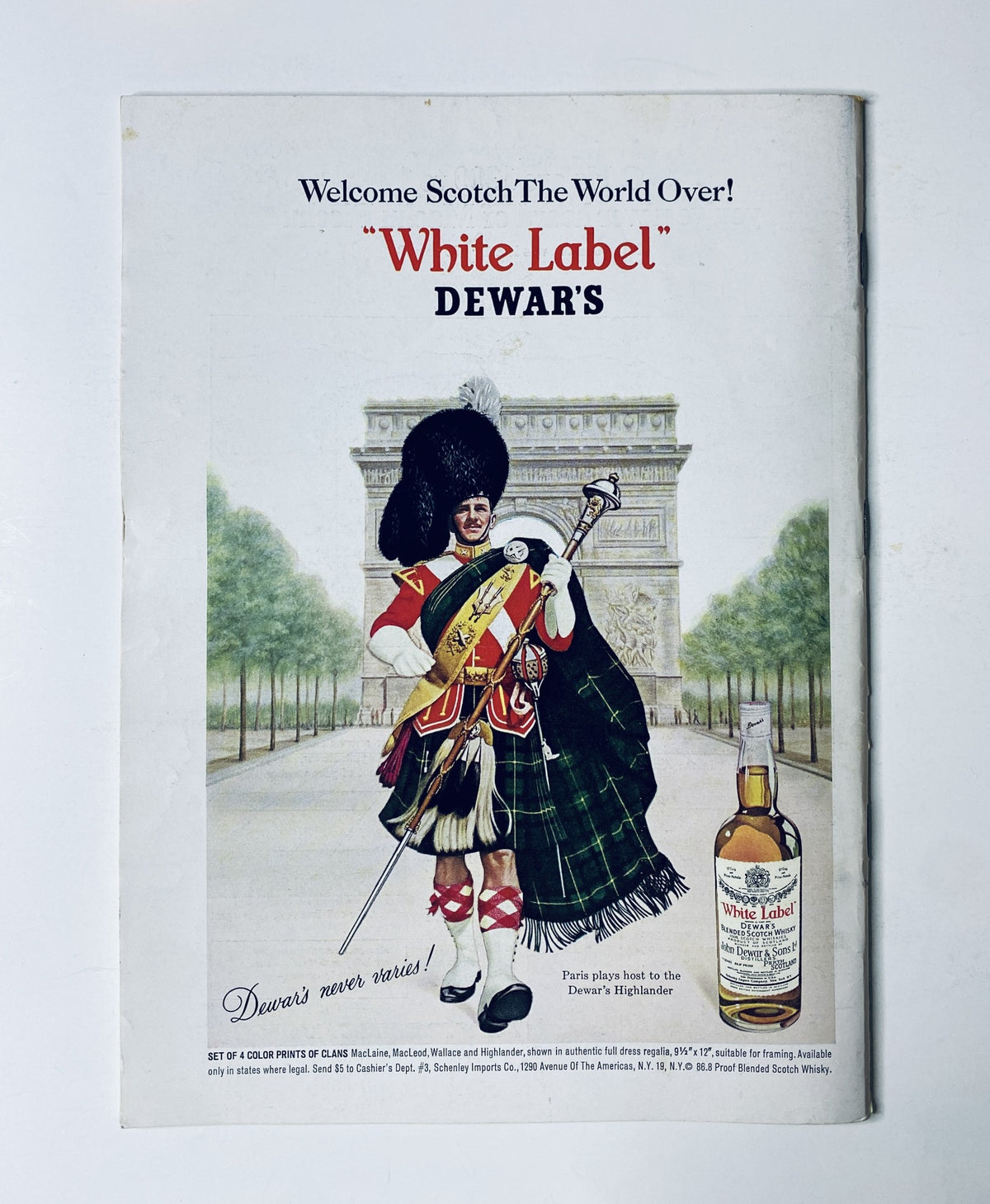Vintage advertisement for Dewar's White Label Scotch featuring a Scottish guard in traditional attire, set against a scenic backdrop, from The New Yorker Magazine August 1, 1964 Golf Cart Direction Cover by Frank Modell.
