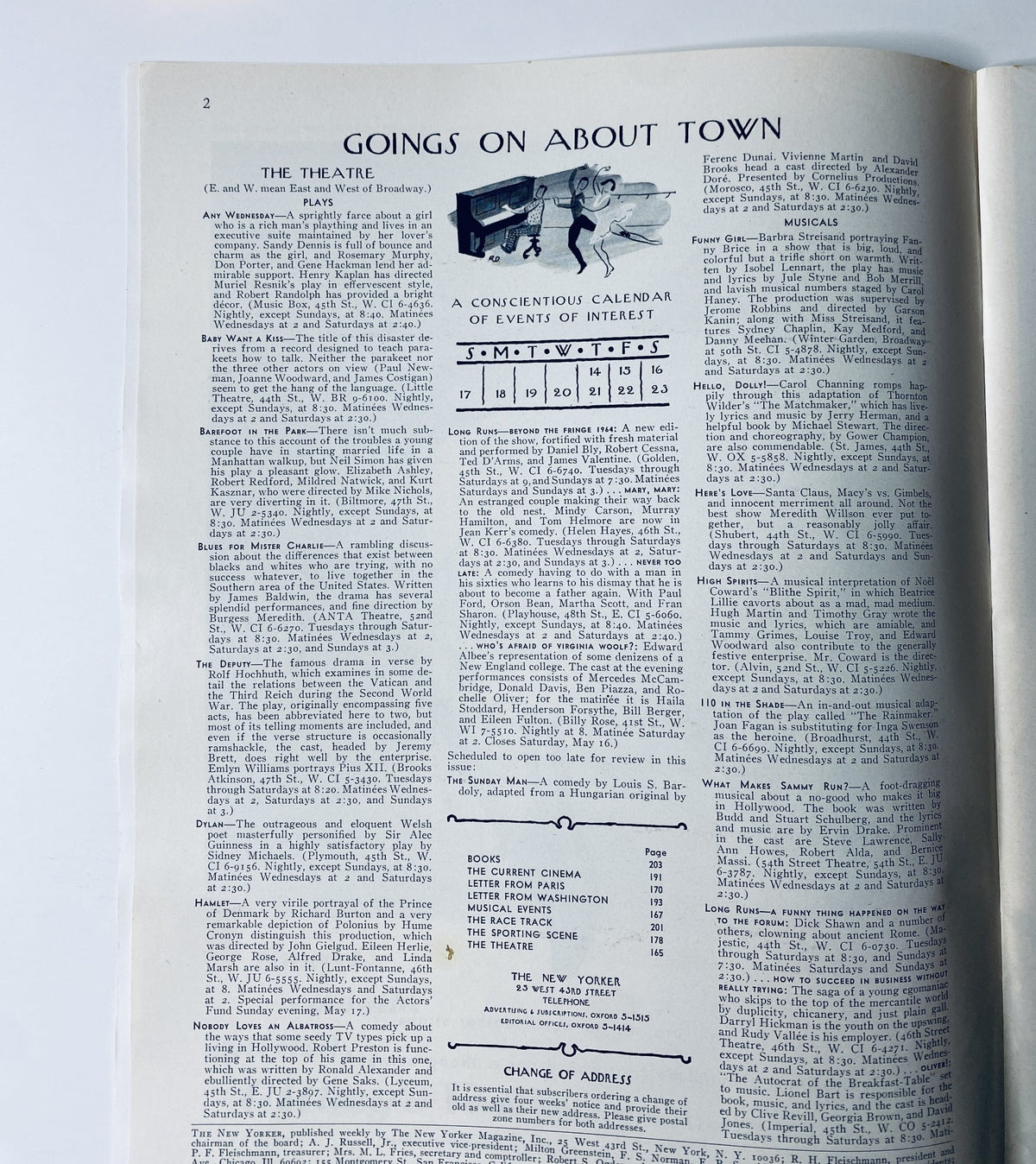 Interior page of The New Yorker Magazine May 16, 1964, showcasing events related to theatre in the section titled 'Goings On About Town'.