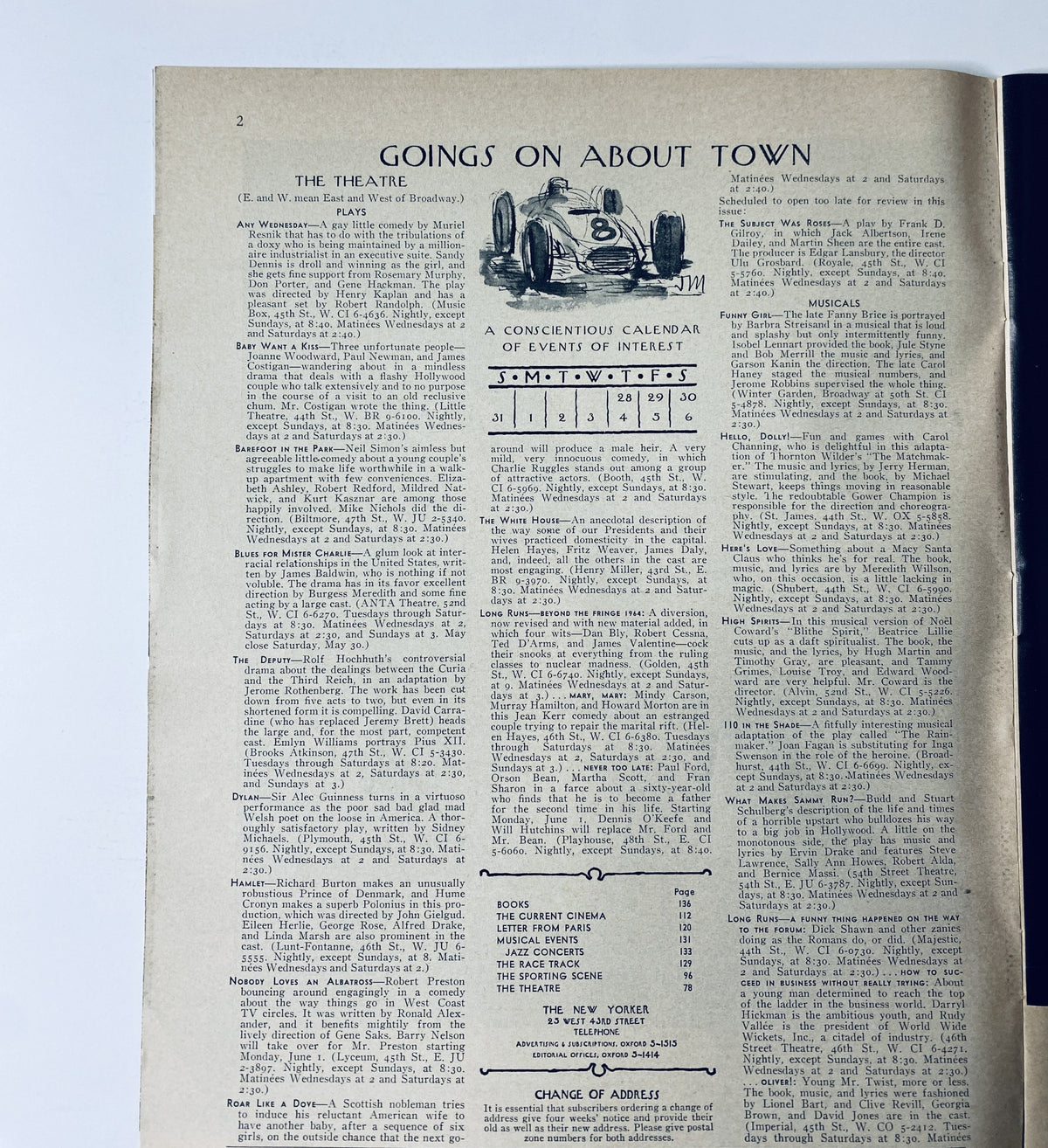 Interior page of The New Yorker Magazine dated May 30, 1964, featuring the 'Goings On About Town' section with a calendar of events, highlighting cultural happenings and theatre listings.