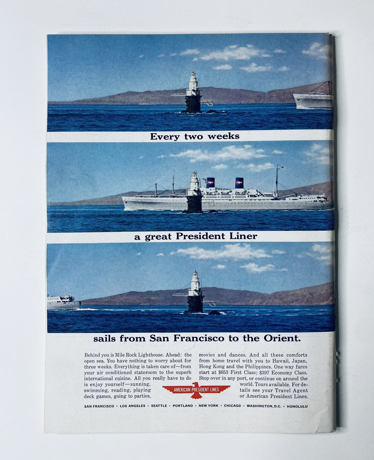 Back cover of The New Yorker Magazine May 23, 1964 featuring an advertisement for a luxury liner sailing from San Francisco to the Orient, showcasing scenic views and travel details.