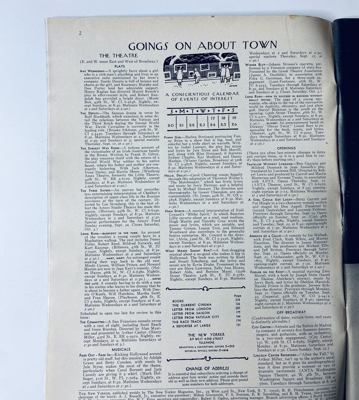 Goings on About Town section from The New Yorker Magazine September 19, 1964, featuring a calendar of events and activities. The magazine is in very good condition, showcasing light edge wear.