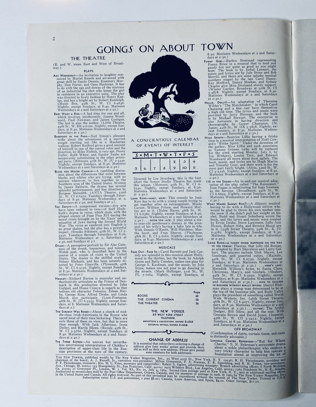 Interior page of The New Yorker Magazine July 4, 1964 showcasing the 'Goings On About Town' section, with listings for theatre, music, and local events.