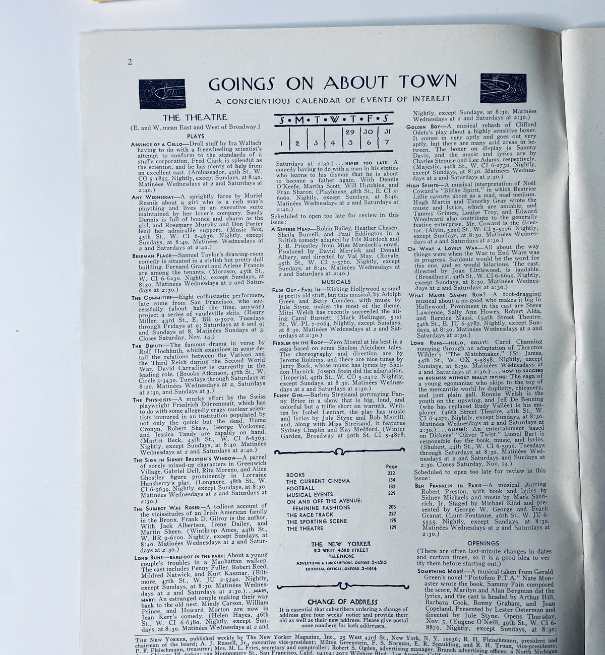 Inside page of The New Yorker Magazine from October 31, 1964 showcasing the 'Goings On About Town' section, detailing events of interest.