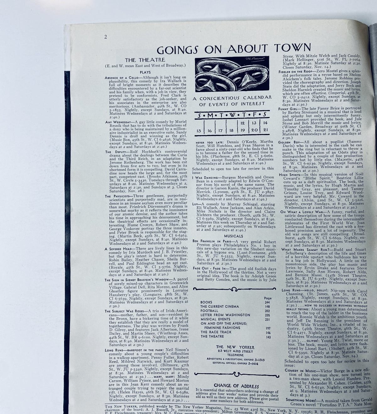 Interior page of The New Yorker Magazine November 14, 1964 featuring the 'Goings On About Town' column, showcasing events and activities in New York City.