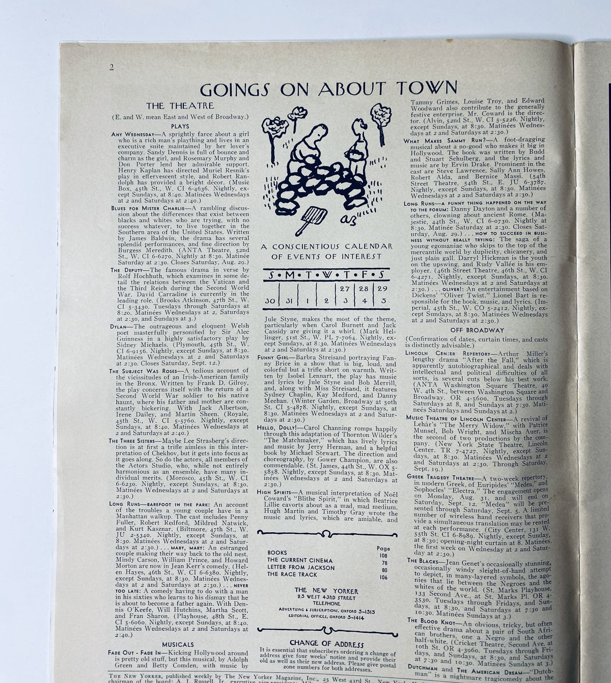 Inside page of The New Yorker Magazine August 29, 1964, titled 'Goings on About Town,' featuring a calendar of events with illustrations.