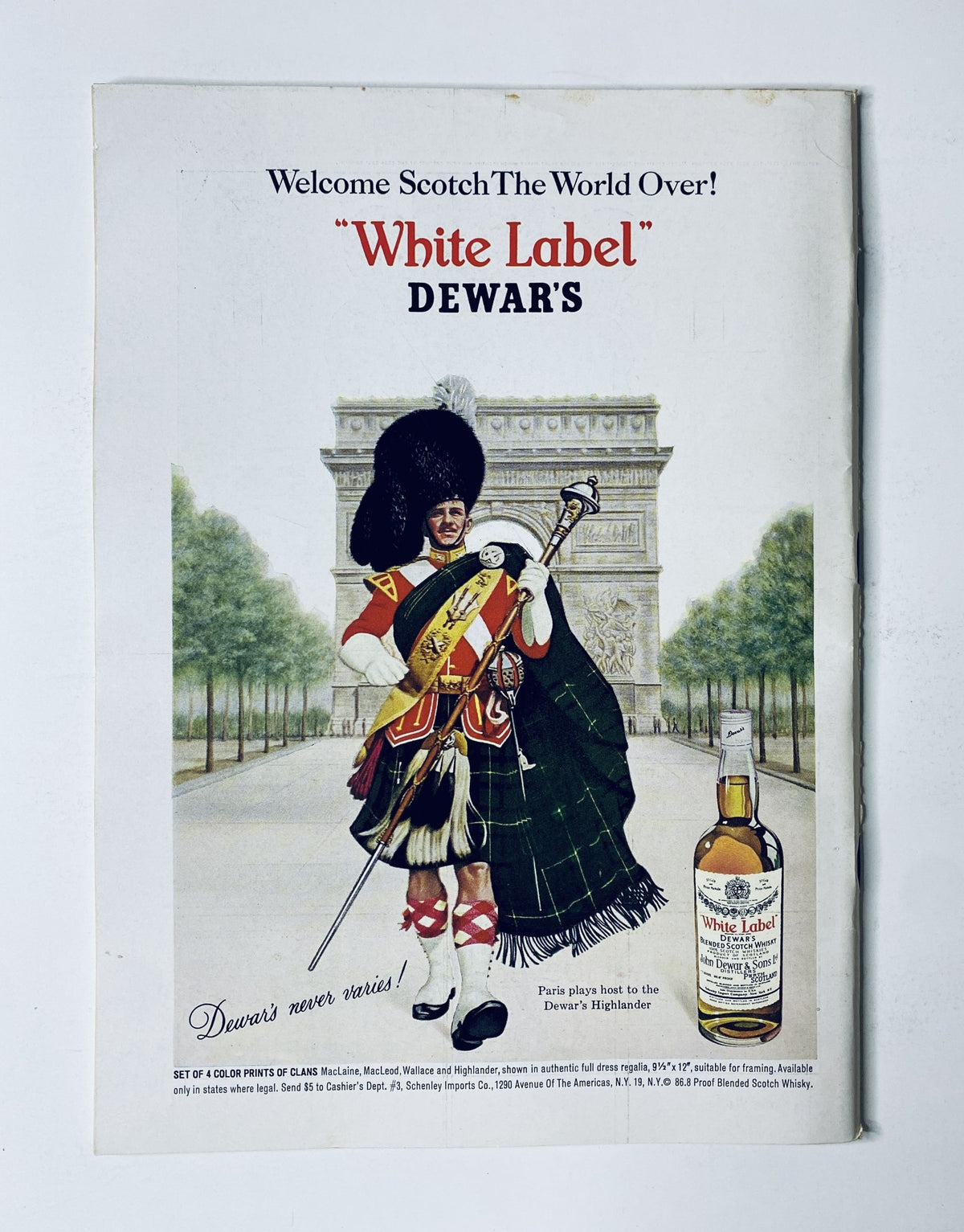 Advertisement page from The New Yorker Magazine August 29, 1964, promoting Dewar's White Label Scotch, featuring a Scottish bagpiper illustration.