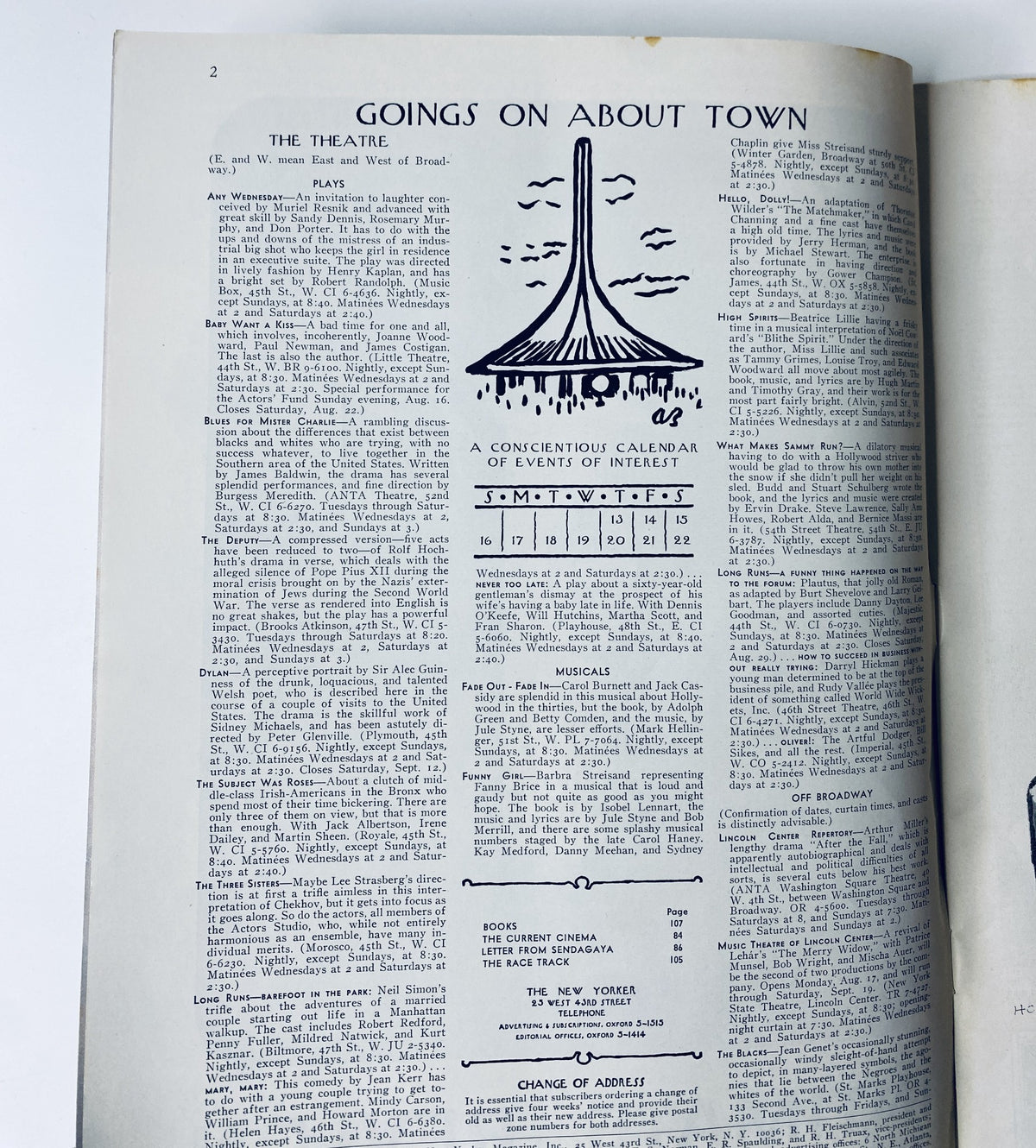 Interior page of The New Yorker Magazine August 15, 1964, titled 'Goings On About Town', showcasing a calendar of events and activities.