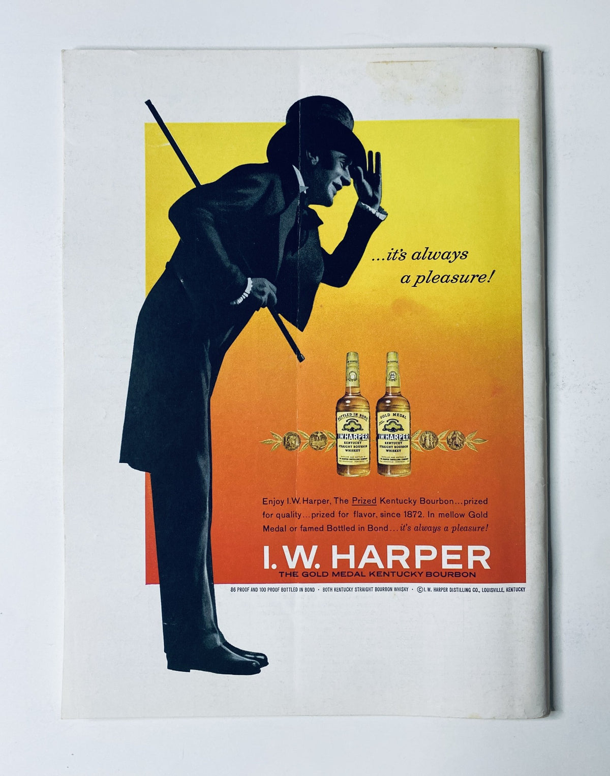 I.W. Harper Bourbon advertisement featuring a silhouetted man with a cane against a gradient background, promoting the 'Gold Medal Kentucky Bourbon' with the tagline '...it's always a pleasure!' from The New Yorker Magazine August 15, 1964.
