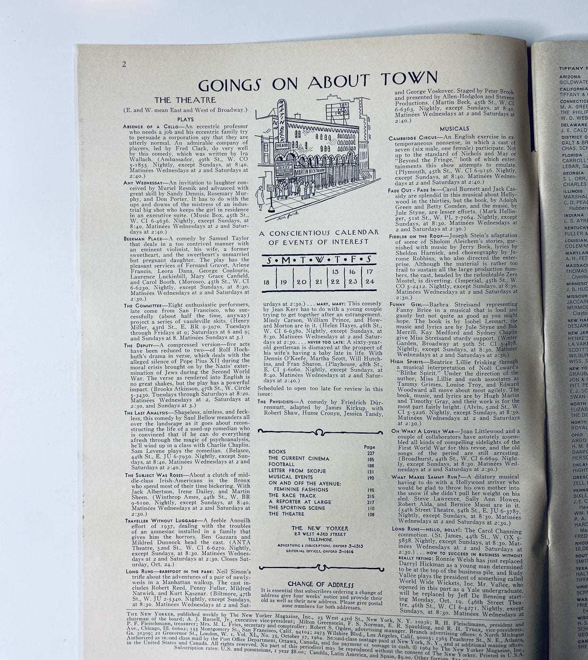 Inside page of The New Yorker Magazine October 17, 1964, containing the 'Goings On About Town' section, featuring a calendar of events and articles related to theatre.