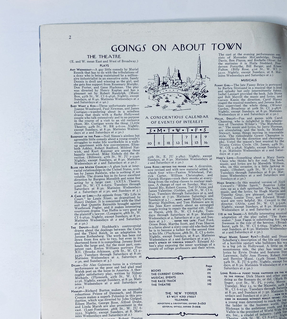 Inside page from The New Yorker Magazine May 9, 1964 featuring the section 'Goings On About Town' with a calendar of events, showcasing cultural activities and listings from that period.