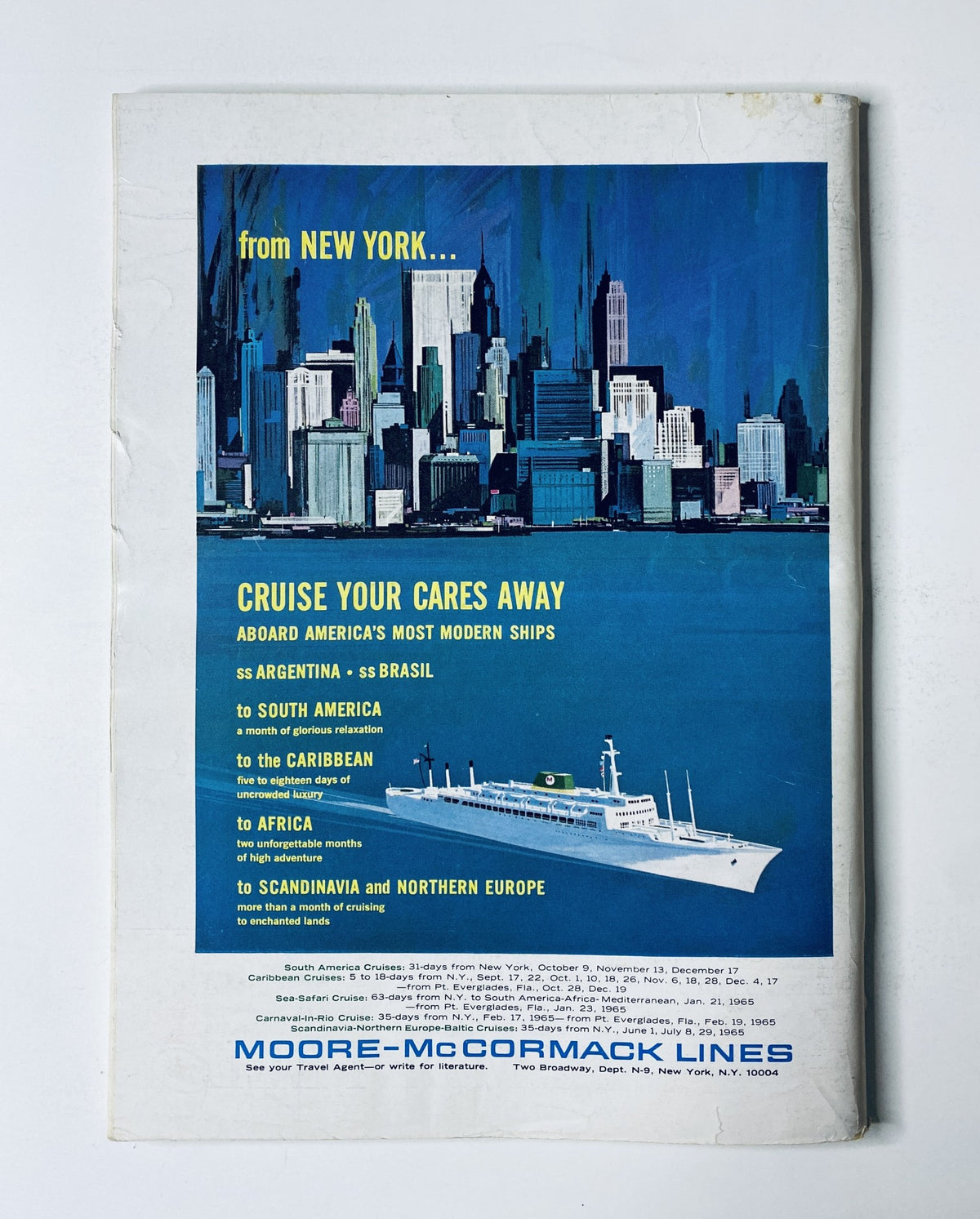 Advertising page from The New Yorker Magazine September 12, 1964 promoting cruise vacations with illustrations of ships and skyline, highlighting travel opportunities to South America and Europe.