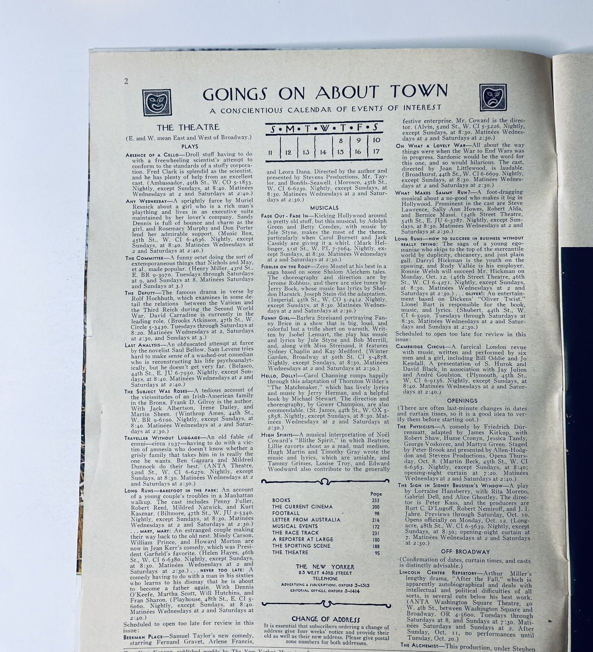 Inside page of The New Yorker Magazine October 10, 1964, detailing events and happenings in 'Goings On About Town' in a classic newspaper format.