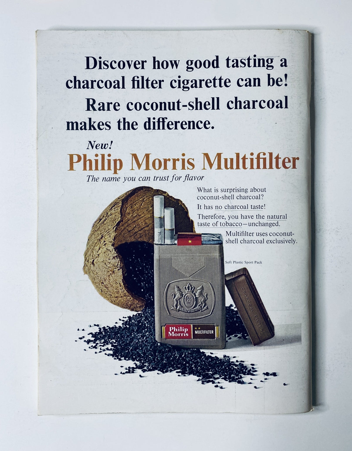 Advertisement for Philip Morris Multifilter cigarettes in The New Yorker Magazine October 3, 1964, promoting coconut-shell charcoal filters for enhanced flavor.
