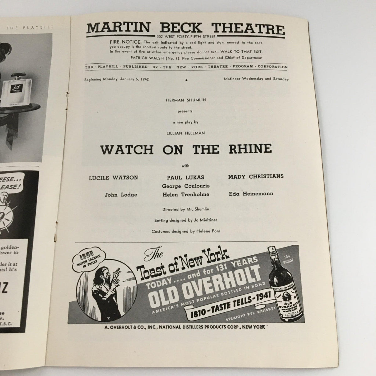 Inside view of the 1942 Playbill for 'Watch On The Rhine' showing production details and cast information at The Martin Beck Theatre.