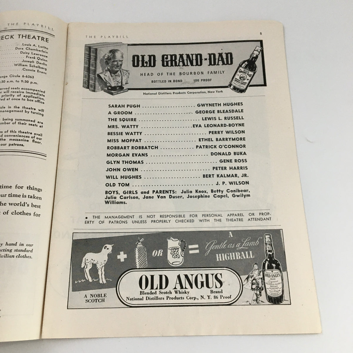 Another interior page of the 1943 Playbill for 'The Corn is Green', listing characters, performances, and advertisements from the Martin Beck Theatre.
