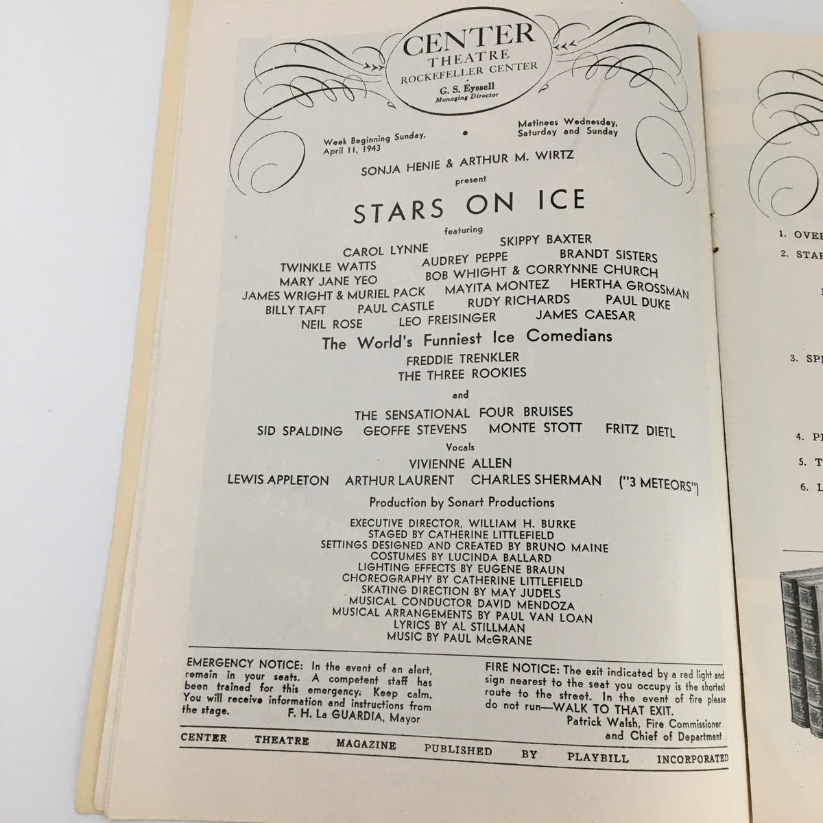 Interior page of the 1943 Center Theatre 'Stars on Ice' program showing cast and production details, including Carol Lynne and Bob Wright among others.