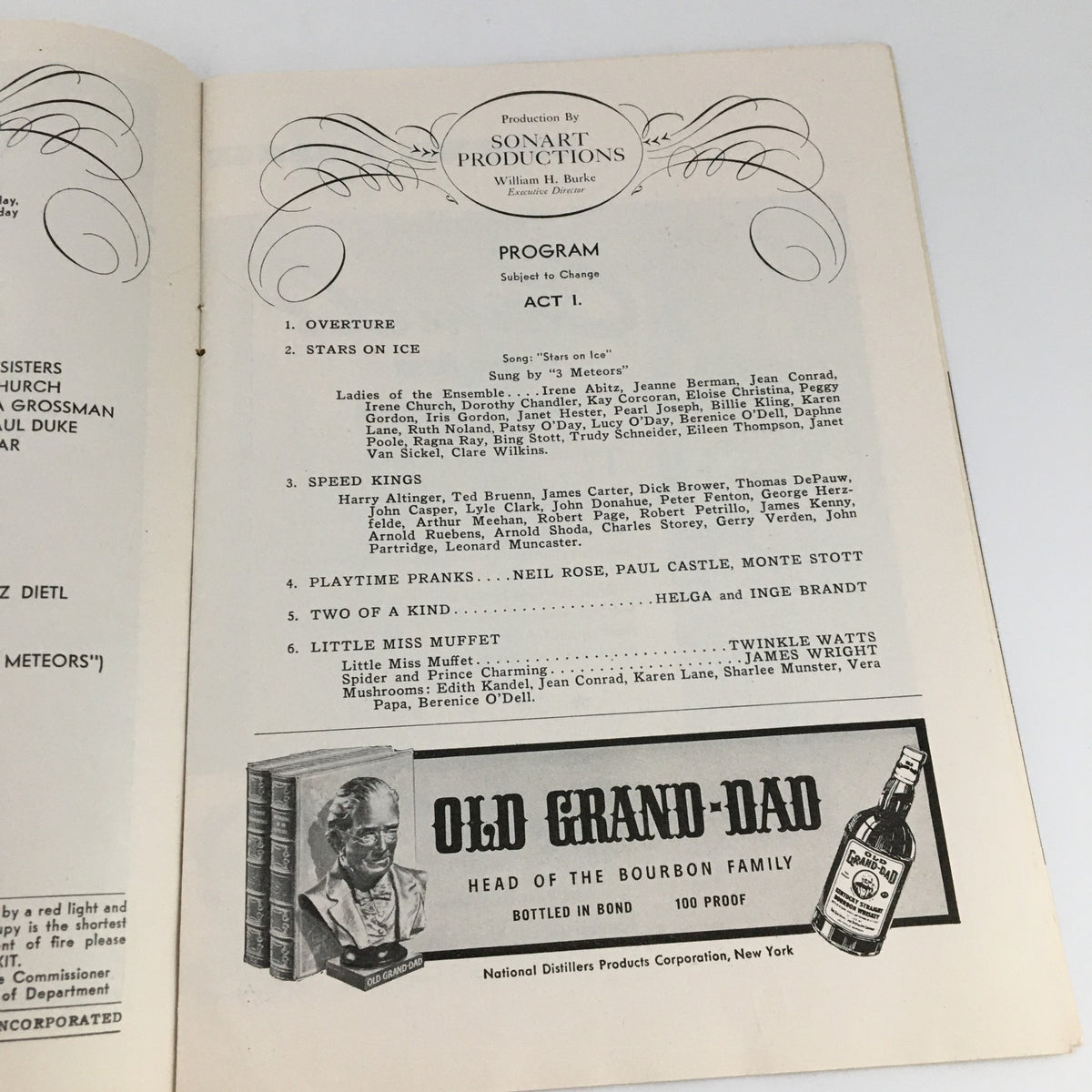 Another interior page of the 1943 Center Theatre 'Stars on Ice' program, listing the performance acts and program details, showcasing the artistry behind the show.