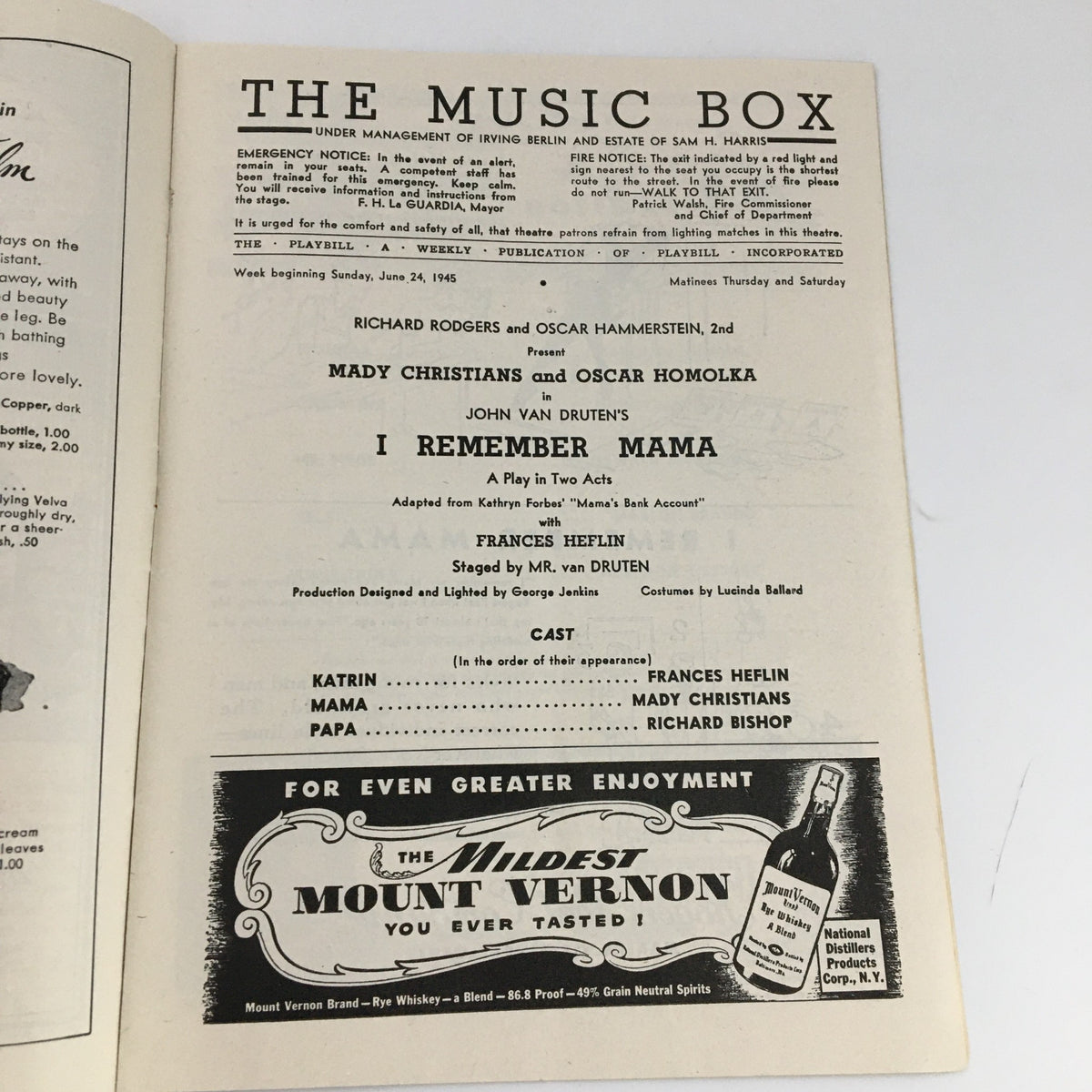 Inside page of the 1945 Playbill for 'I Remember Mama' at The Music Box, showing cast details including Frances Heflin, Mady Christians, and production information.