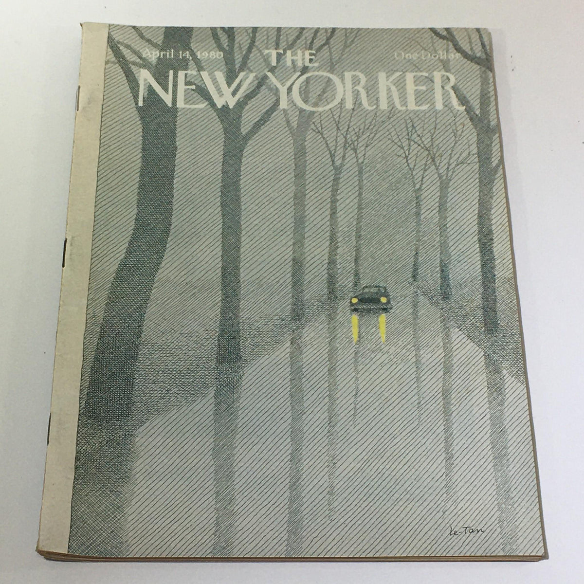 Cover of The New Yorker magazine, April 14, 1980, featuring artwork by Pierre Le-Tan, depicted with a misty road scene and a lone car driving through trees.
