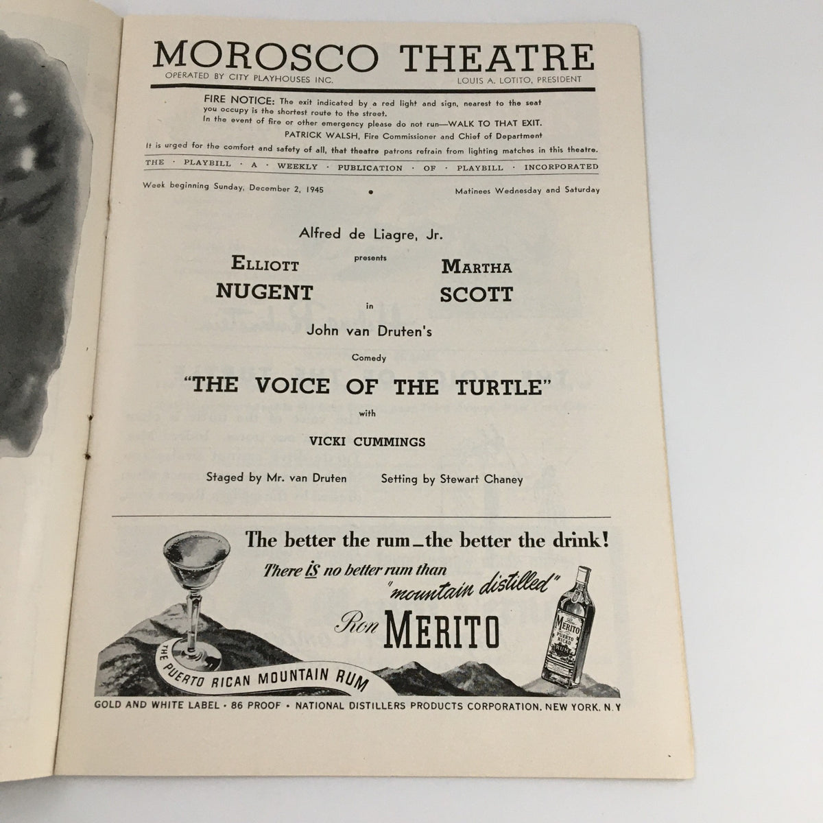 Inside page of the 1945 Playbill for 'The Voice of the Turtle' at The Morosco Theatre, showcasing cast details including Elliott Nugent and Martha Scott.