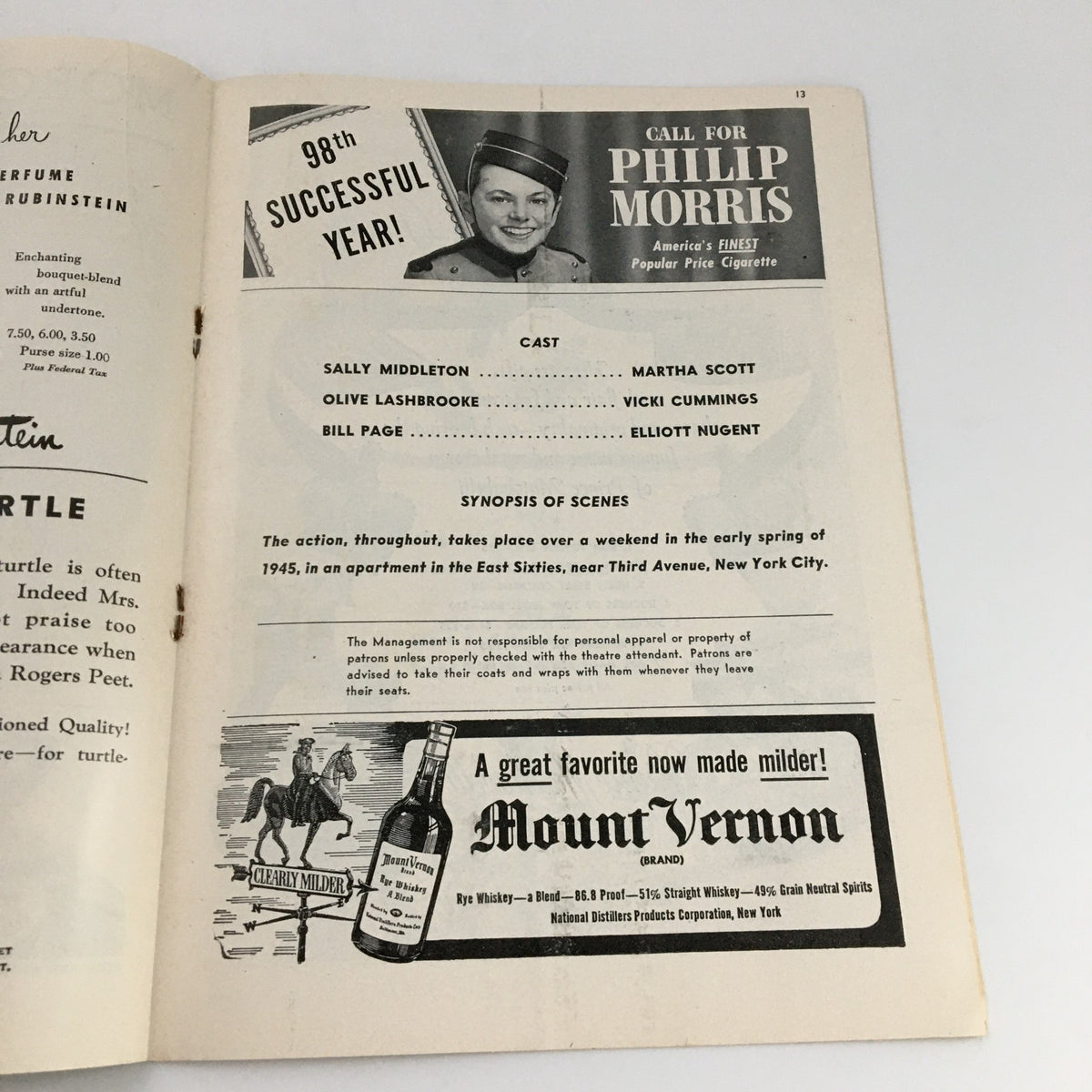 Page from the 1945 Playbill 'The Voice of the Turtle', listing the cast and scene synopsis, highlighting performances from Elliott Nugent and Vicki Cummings.