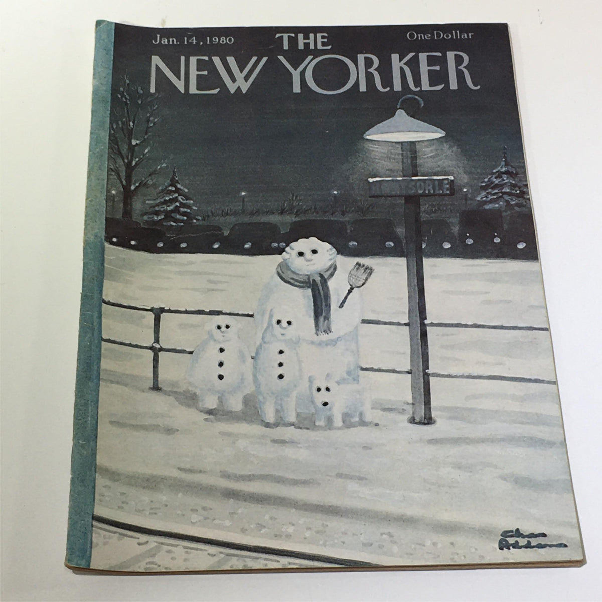 The New Yorker Magazine January 14, 1980, features a full theme cover by Chas Addams, depicting whimsical snowmen in a snowy landscape.