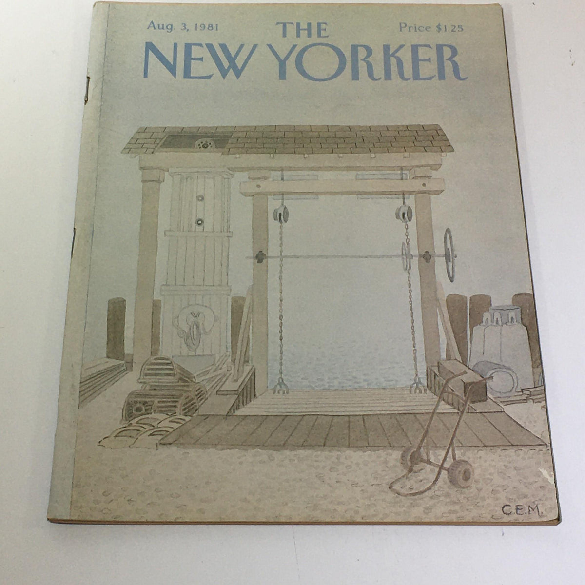 Cover of The New Yorker Magazine, August 3, 1981, featuring a minimalist illustration by Charles E. Martin, showcasing an outdoor scene with a wooden structure and beach elements.