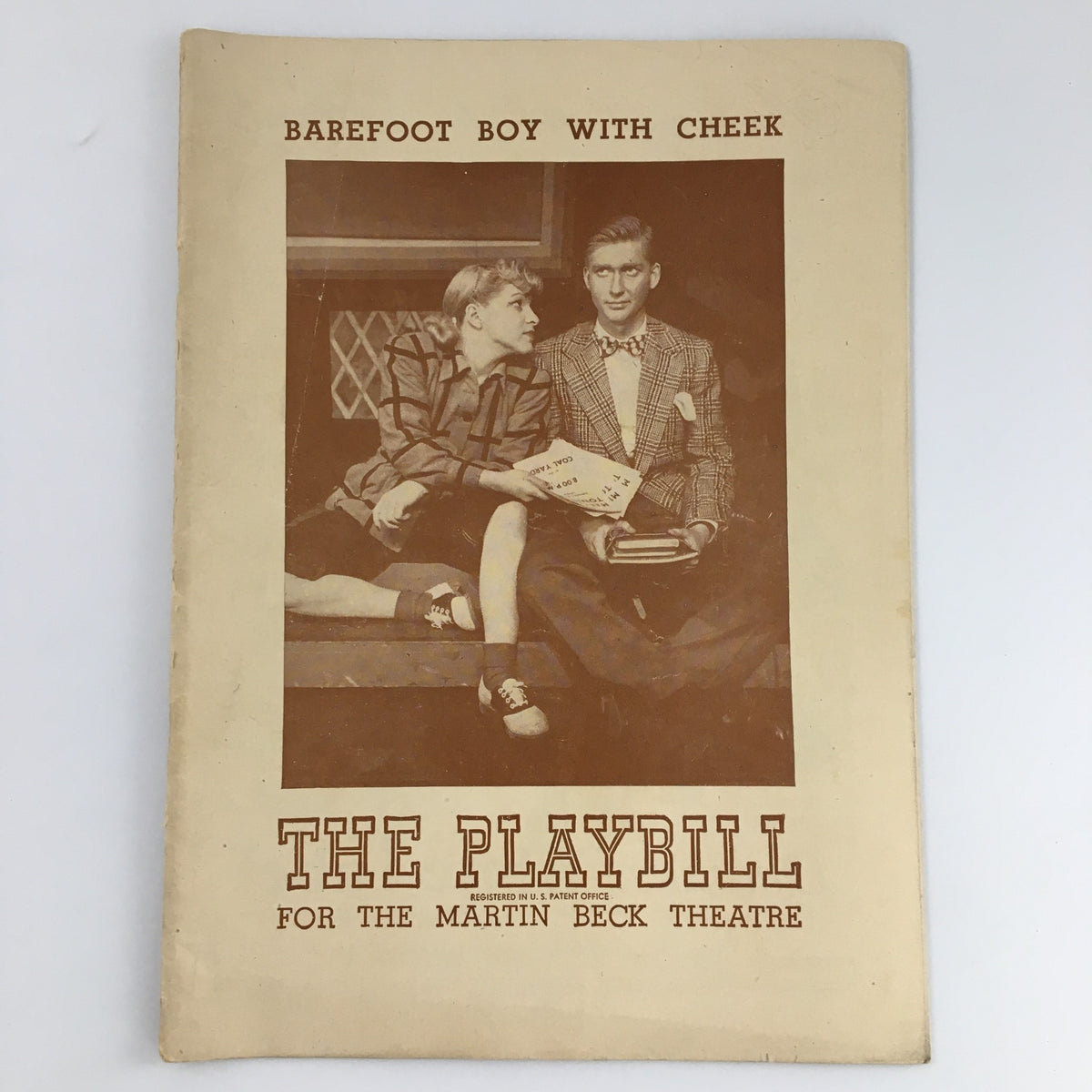 1947 Playbill for 'Barefoot Boy With Cheek' featuring images of actors from the production at the Martin Beck Theatre.