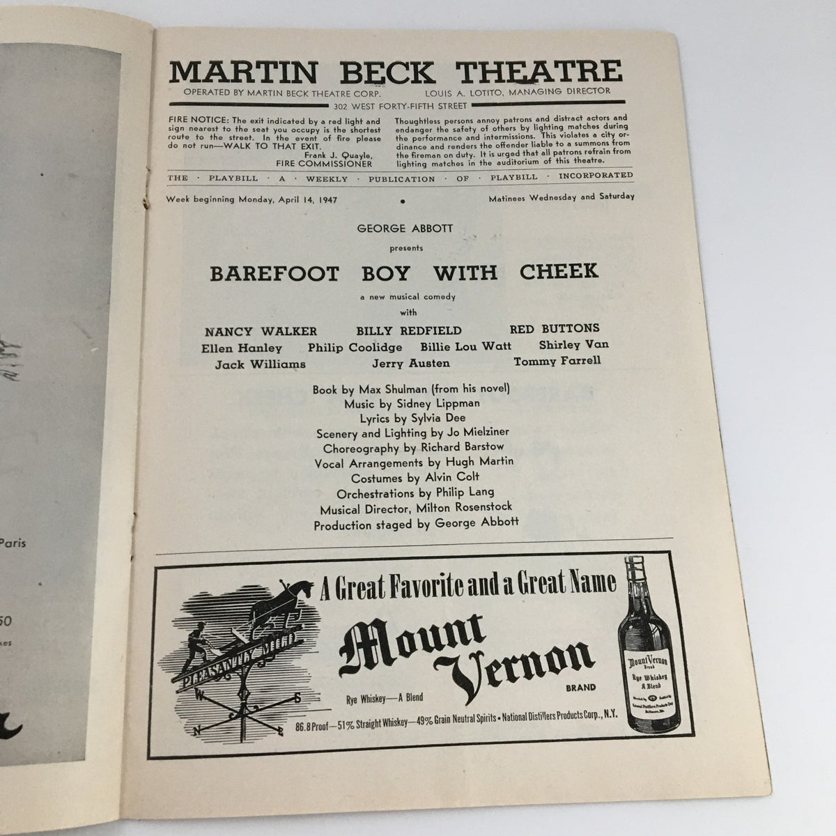 Inside page of the 1947 Playbill for 'Barefoot Boy With Cheek' detailing cast and crew at the Martin Beck Theatre.