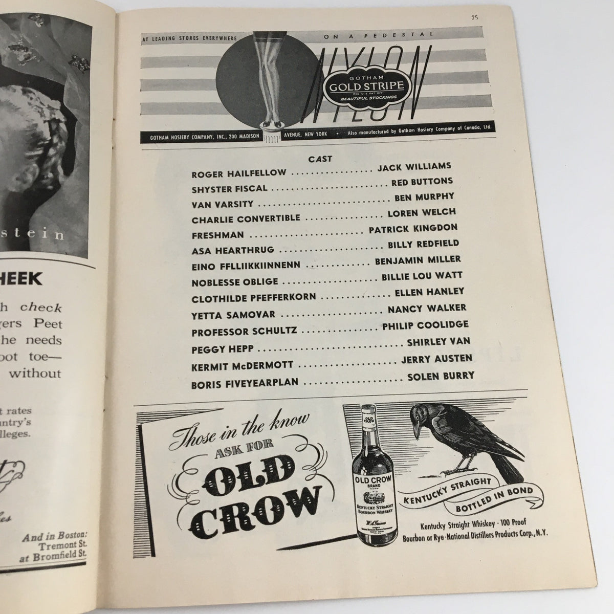 1947 Playbill for 'Barefoot Boy With Cheek' at Martin Beck Theatre featuring cast list including Red Buttons and advertisements for products.