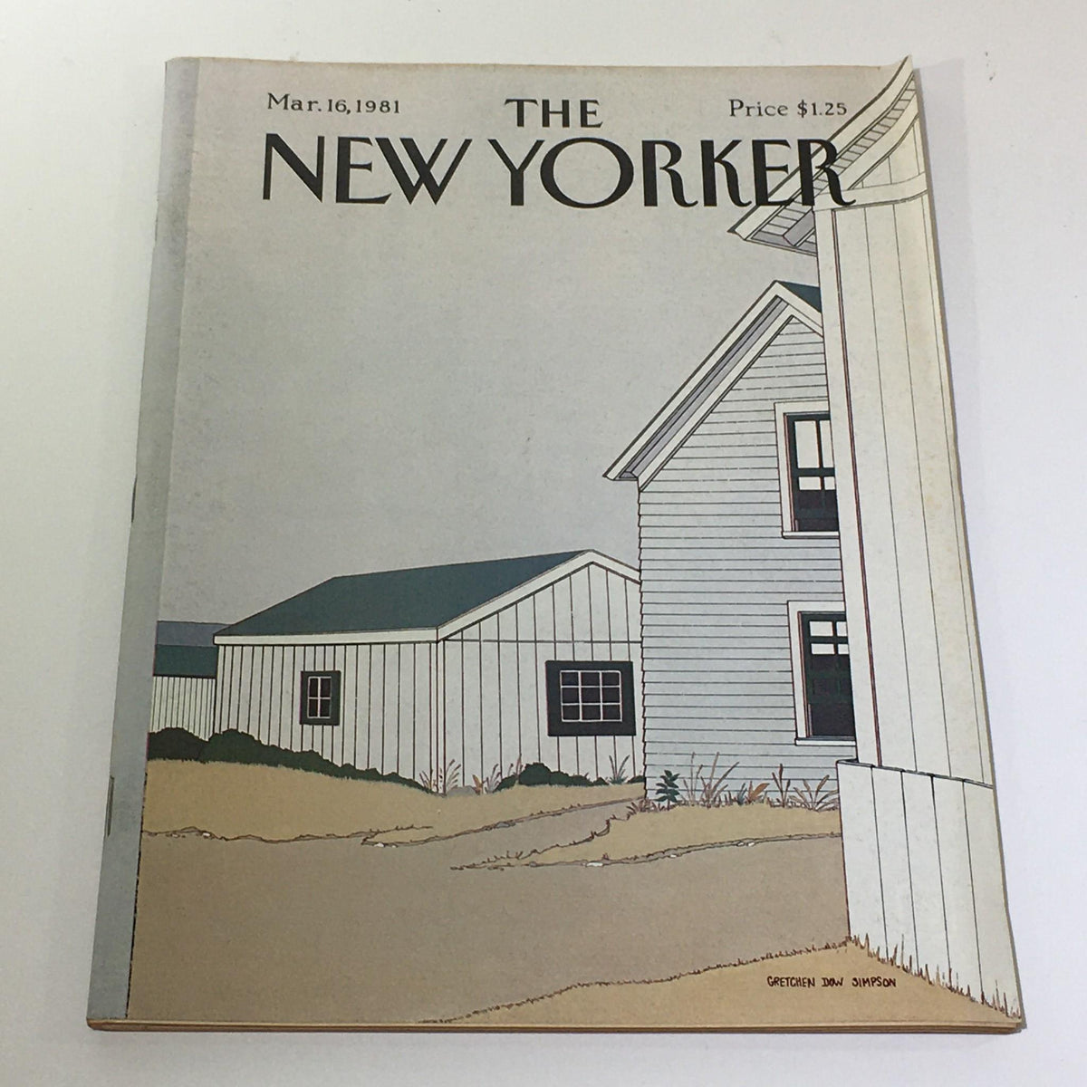 Cover of The New Yorker: March 16, 1981 featuring artwork by Gretchen Dow Simpson, showcasing minimalist architectural elements and a soft color palette, perfect for vintage magazine collectors.