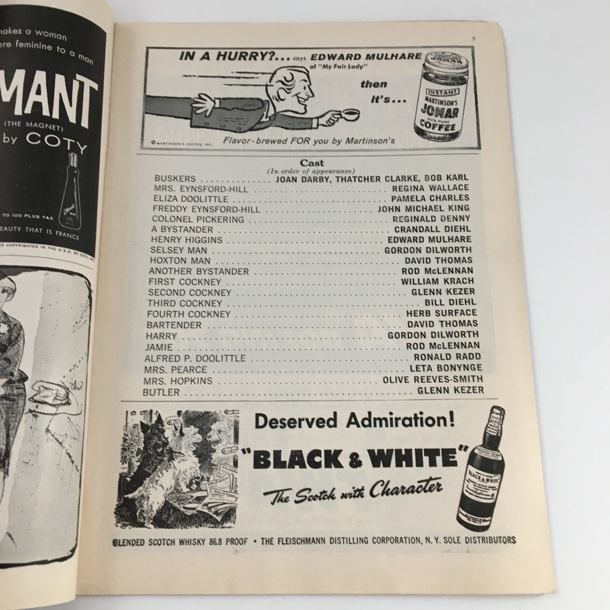 Another interior page of the 1956 Playbill from 'My Fair Lady' showing additional cast members and advertisements relevant to the production at Mark Hellinger Theatre.
