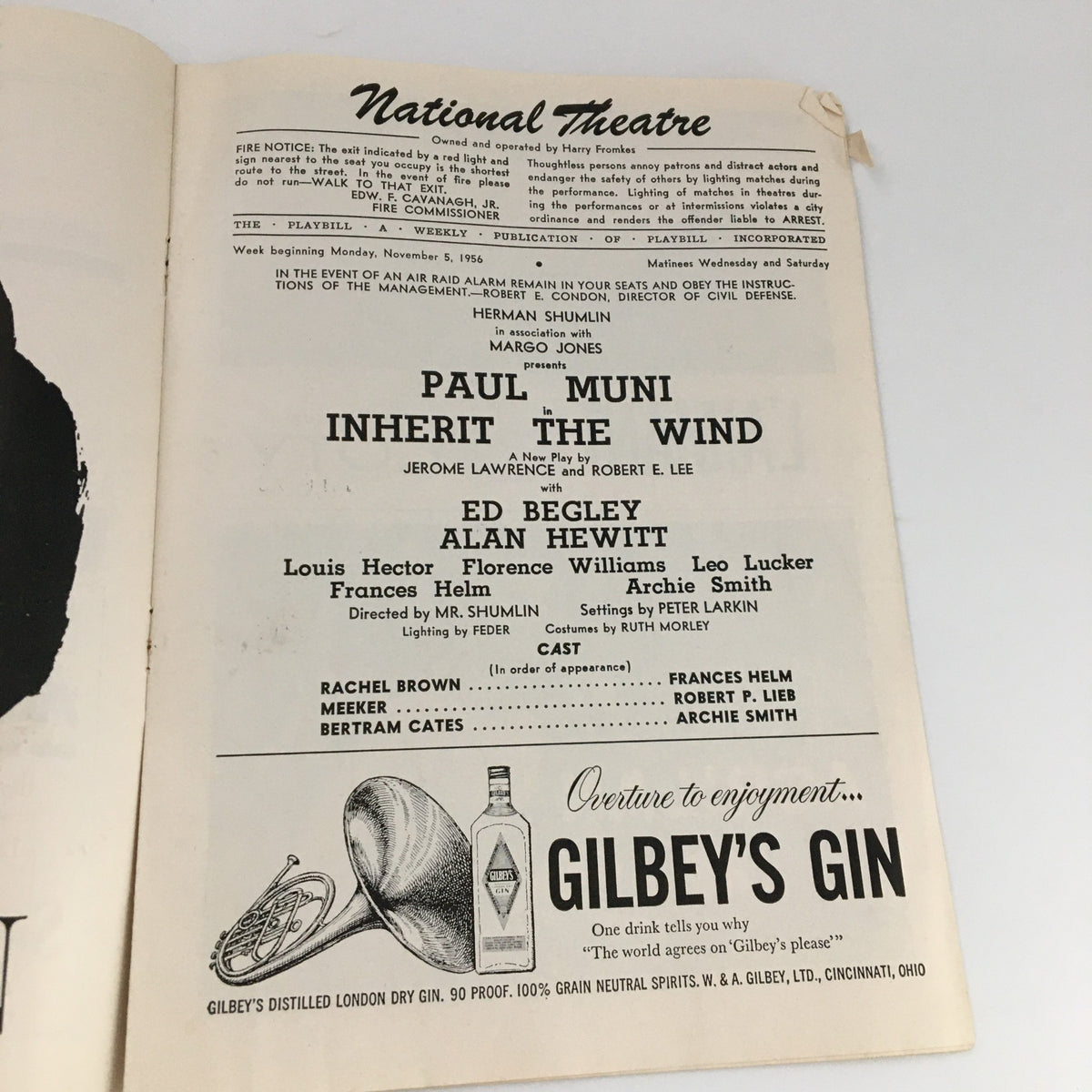 1956 Playbill for 'Inherit The Wind' featuring National Theatre production starring Ed Begley and Alan Hewitt. The image showcases the cast listing and production details, capturing the essence of mid-20th century American theatre.