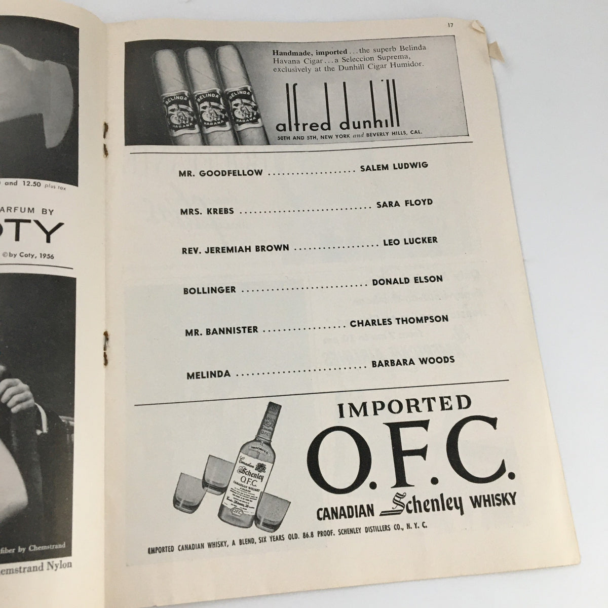 Interior page of the 1956 Playbill for 'Inherit The Wind', displaying advertisements including Gilbey's Gin and Canadian Schenley Whisky, reflecting the vintage style of promotional content in theatre programs from that era.