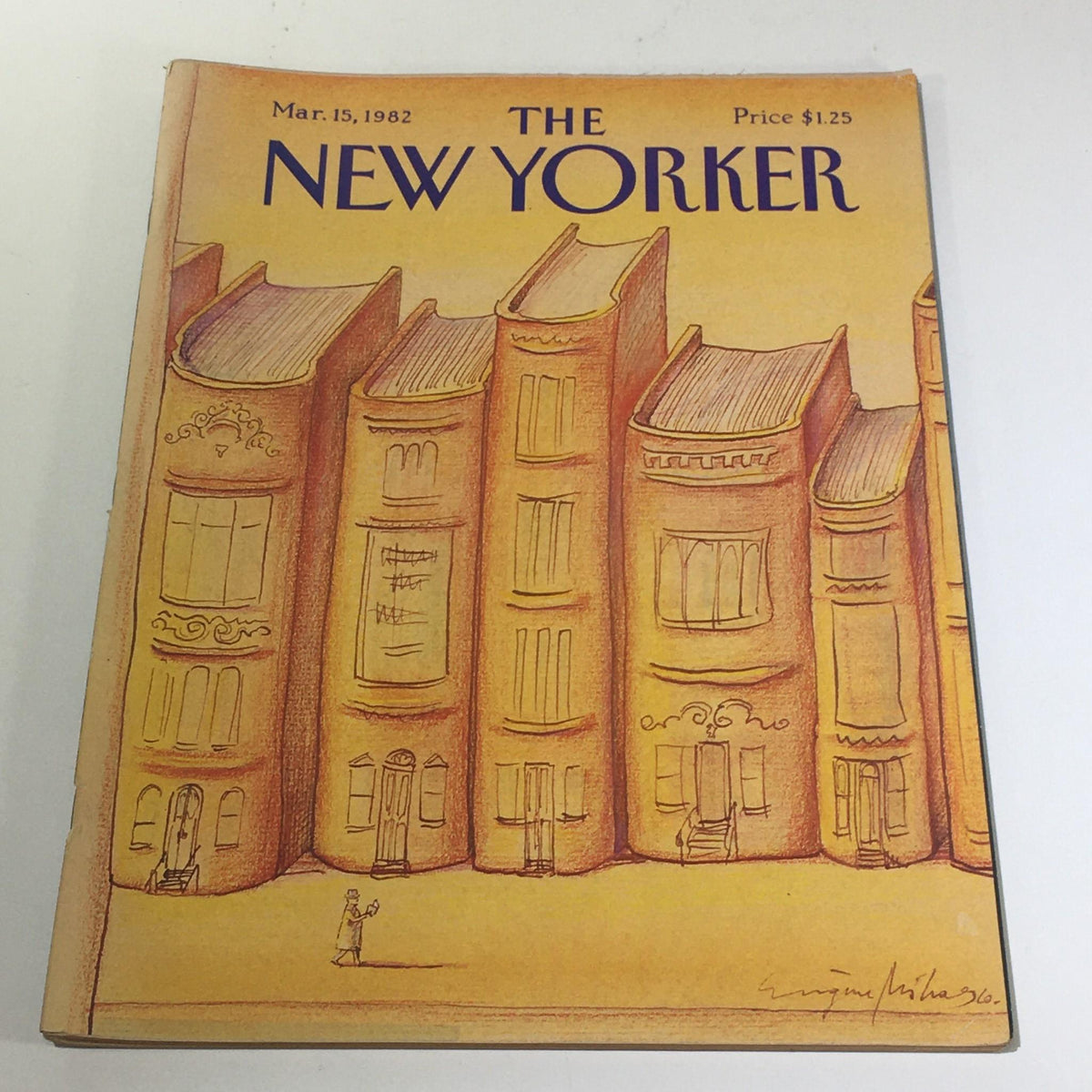 Cover of The New Yorker magazine dated March 15, 1982, featuring a unique illustration of colorful buildings by Eugene Mihaesco, showcasing vintage art and design.