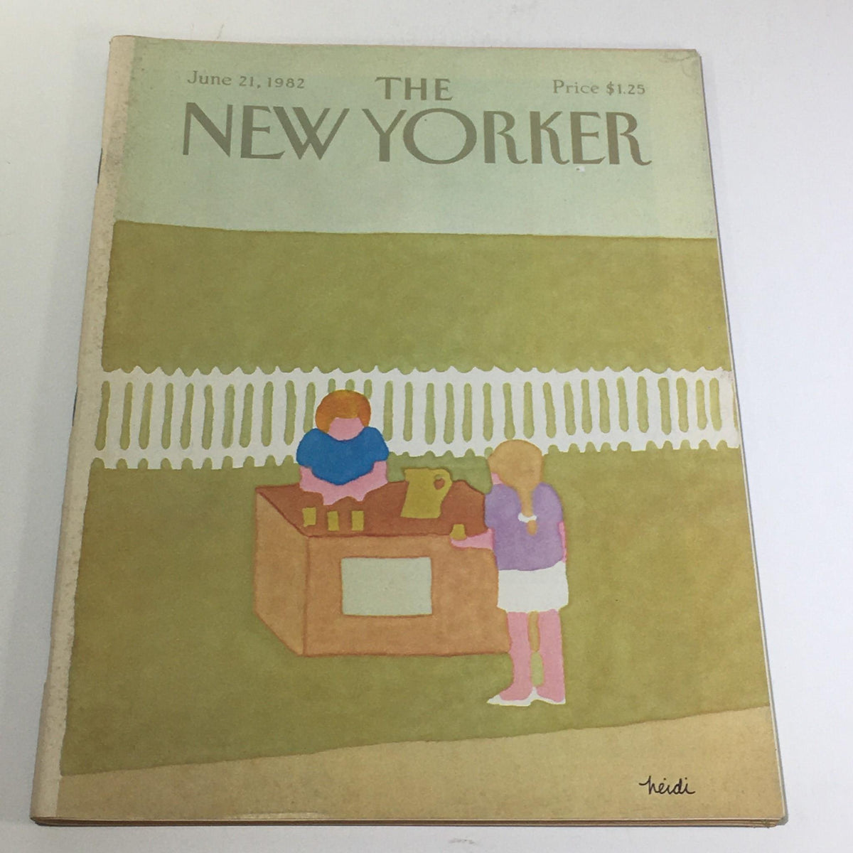 Cover of The New Yorker Magazine dated June 21, 1982, featuring a delicate illustration by Heidi Goennel. The artwork depicts two children by a stand, set against a green background with a white picket fence, perfect for vintage magazine collectors.