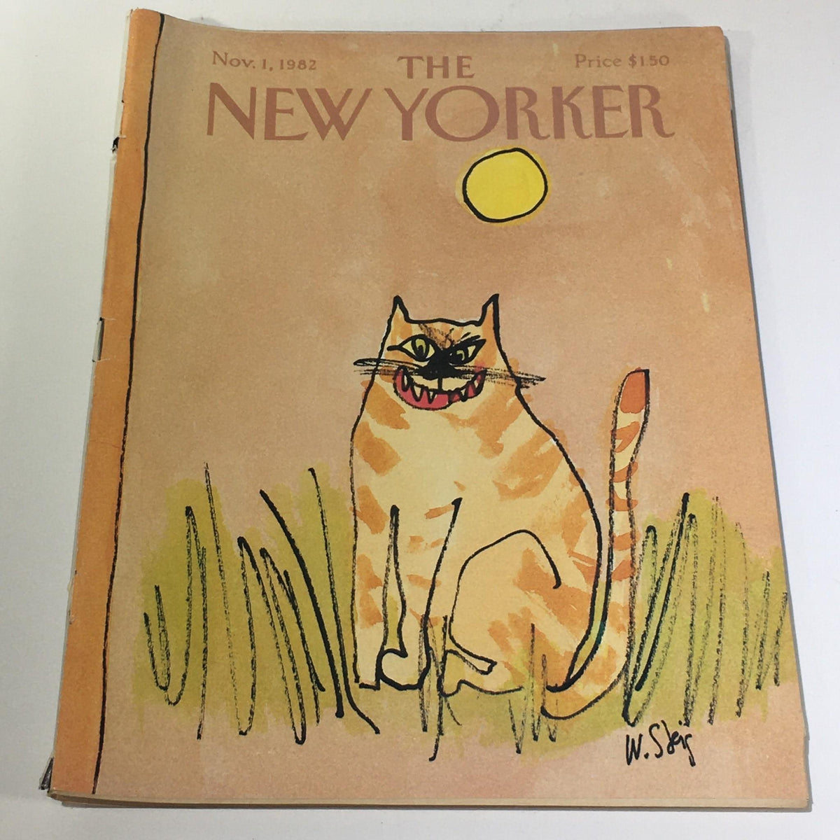 Cover of The New Yorker: November 1 1982 featuring a whimsical illustration by William Steig of a cat sitting in grass with a sun in the background.