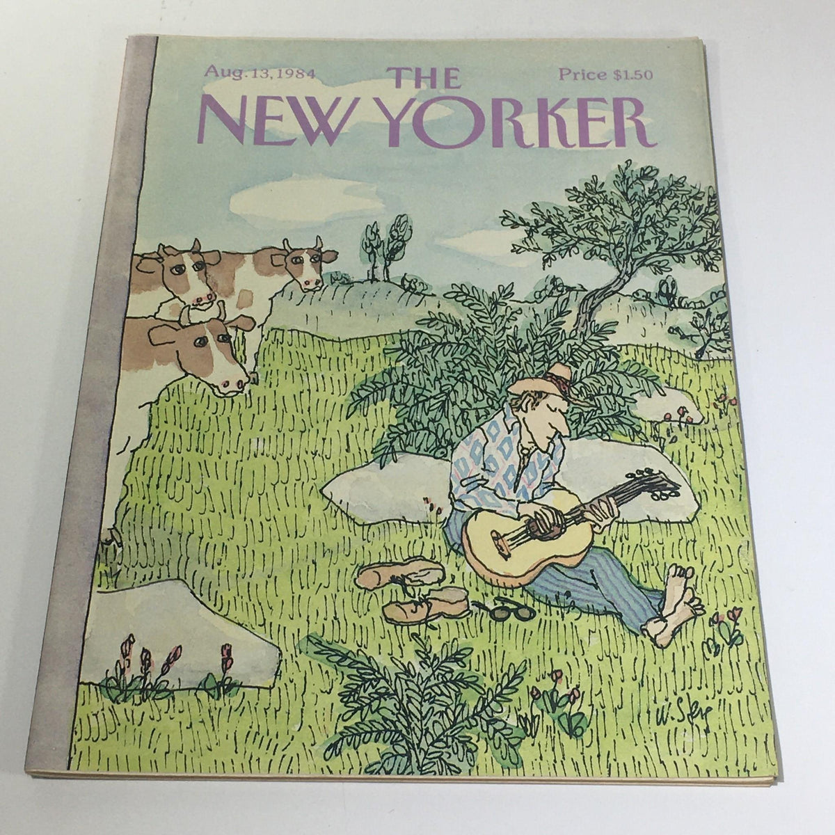Cover of The New Yorker: August 13, 1984, featuring a whimsical illustration by William Steig depicting a man playing guitar in a grassy field with cows in the background.
