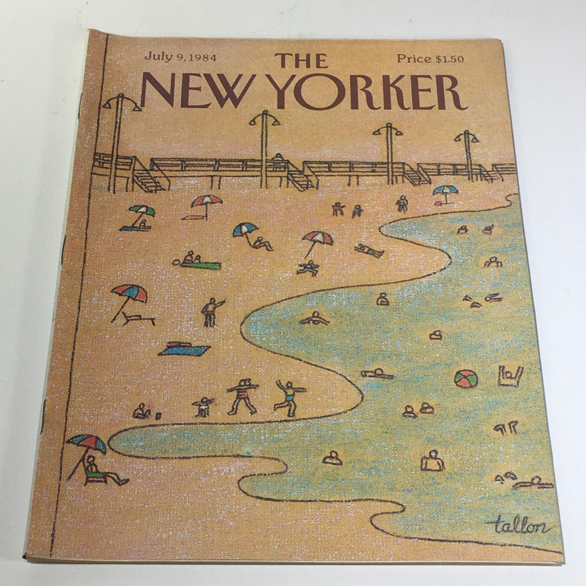 The New Yorker Magazine July 9 1984 Full Theme Cover by Robert Tallon, featuring a colorful beach scene with umbrellas, people swimming and relaxing, and a vibrant shoreline, showcasing the artistic style of the 1980s.