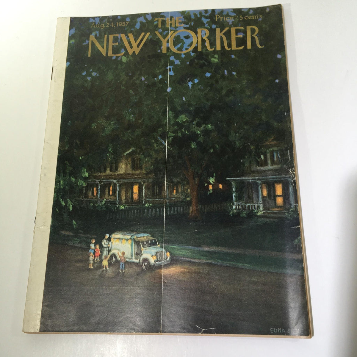 The New Yorker Magazine August 24 1957 Full Theme Cover by Edna Eicke featuring a nostalgic street scene with children and an ice cream truck under a tree-lit evening sky.