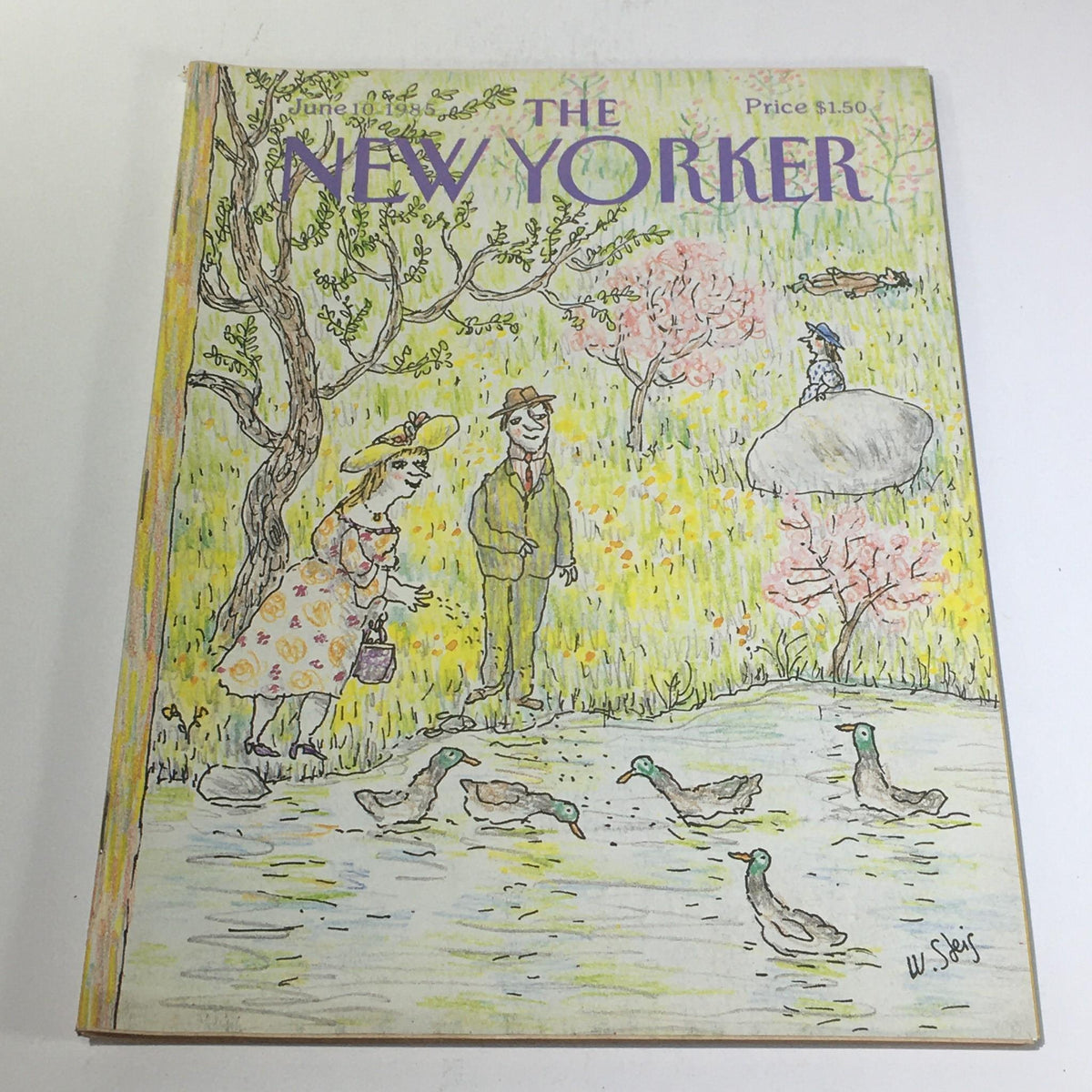 Cover of The New Yorker magazine from June 10, 1985, featuring a whimsical illustration by William Steig, showcasing a couple beside a pond with ducks, surrounded by blossoming trees and a vibrant landscape.