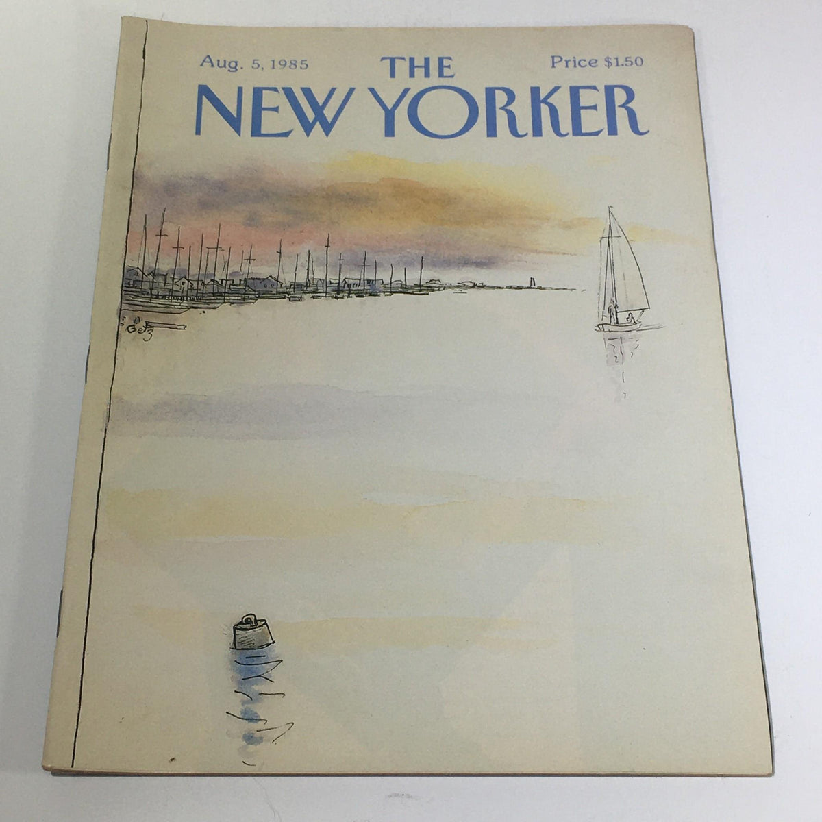 Cover of The New Yorker magazine dated August 5, 1985, featuring scenic artwork by Arthur Getz, showcasing a tranquil harbor with sailboats and soft pastel colors.