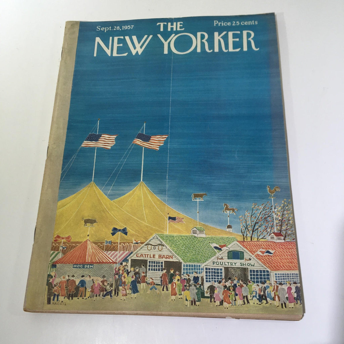 Cover of The New Yorker September 28 1957 featuring a vibrant illustration by Ilonka Karasz depicting a fair scene with tents, animals, and crowds, showcasing mid-20th century Americana.