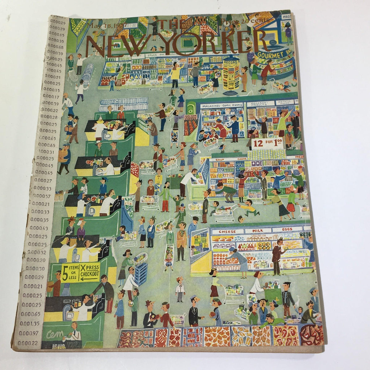 The New Yorker May 18 1957 Full Magazine cover featuring a vibrant illustration of a bustling supermarket scene with shoppers and various products, designed by Charles Martin.