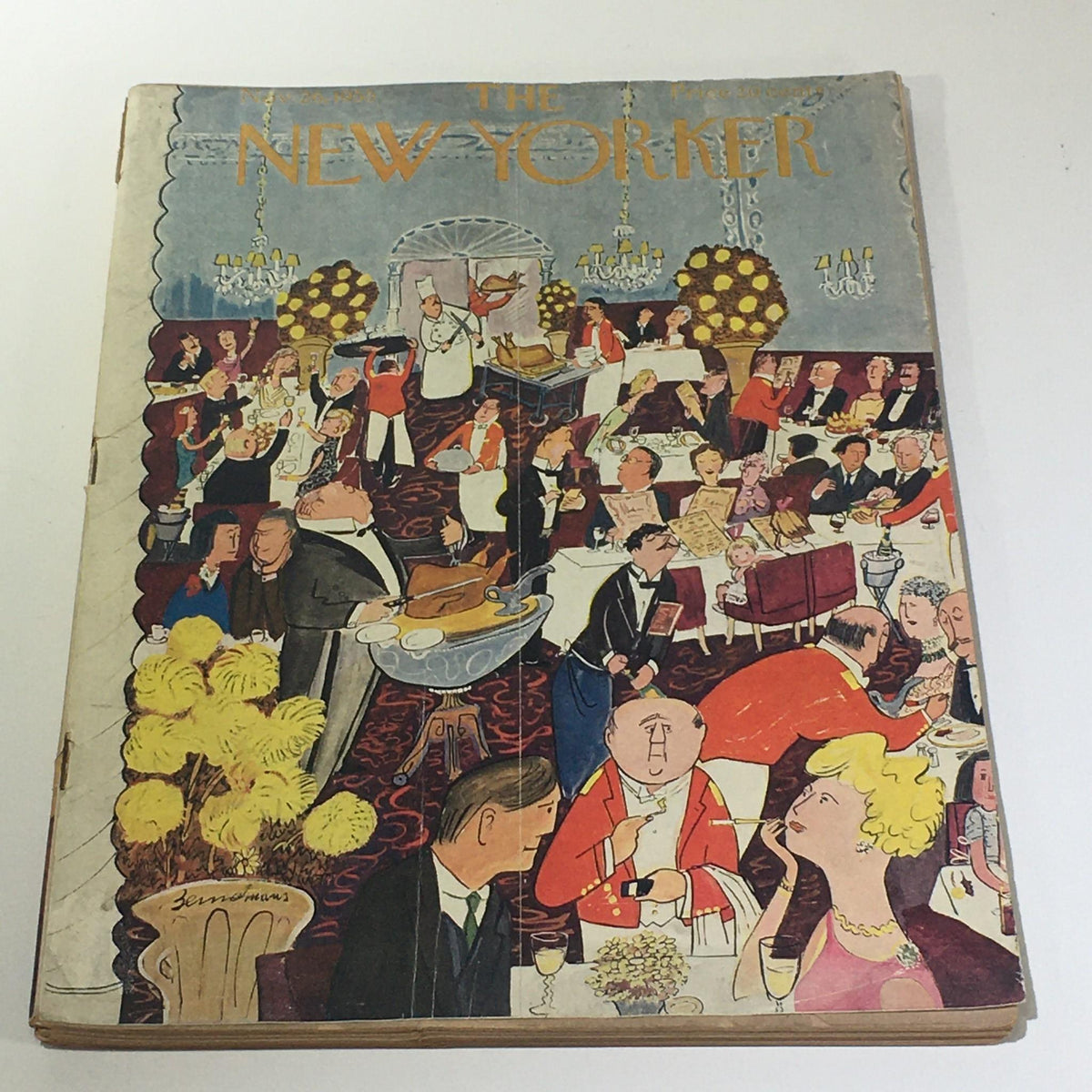 Cover of The New Yorker magazine dated November 26, 1955, featuring a vibrant illustration by Ludwig Bemelmans, depicting a lively restaurant scene.