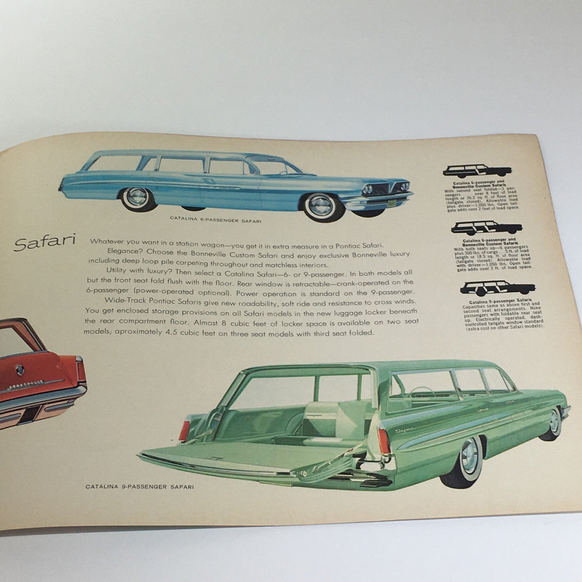 Interior page of the Pontiac 1961 Catalina 6 to 9-Passenger Safari Wide-Track Car Catalog Brochure showcasing a vintage wagon design and detailed specifications.