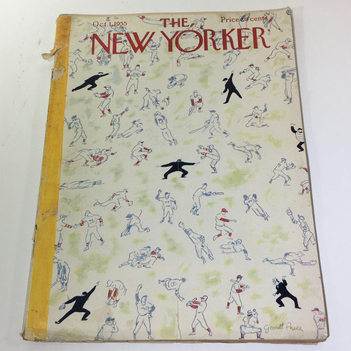 The New Yorker Magazine dated October 1, 1955, showcases a full theme cover by Garrett Price featuring illustrated scenes of athletic activities, symbolic of the era's cultural trends.