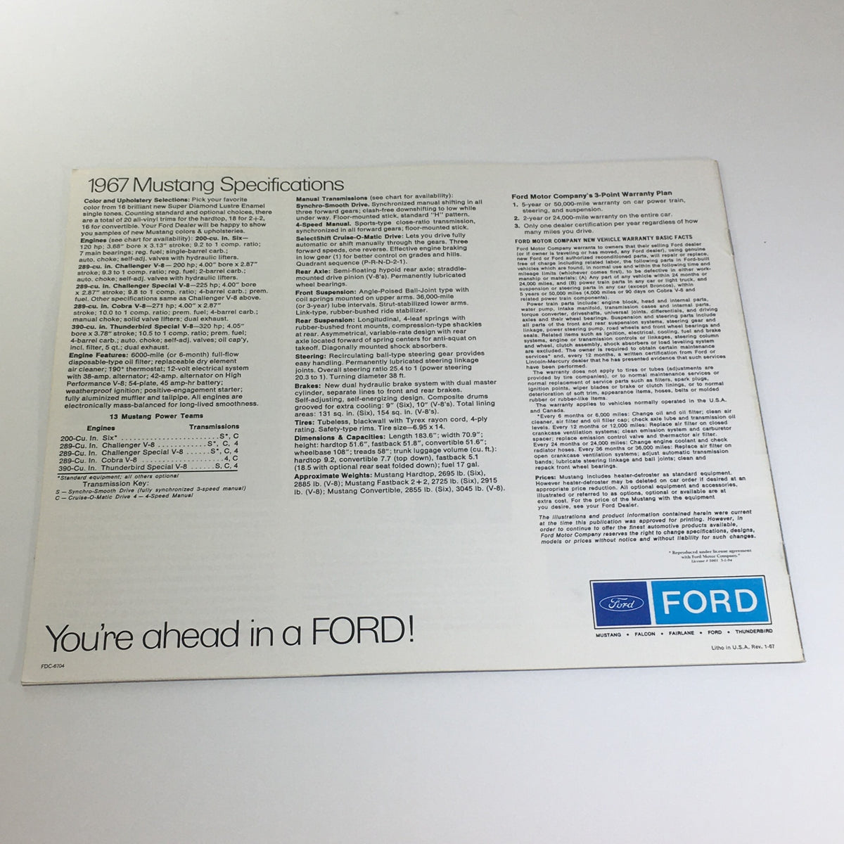 1967 Mustang 2-Door Sedan Special V-8 Engine 320HP 54-Plate Car Catalog Brochure