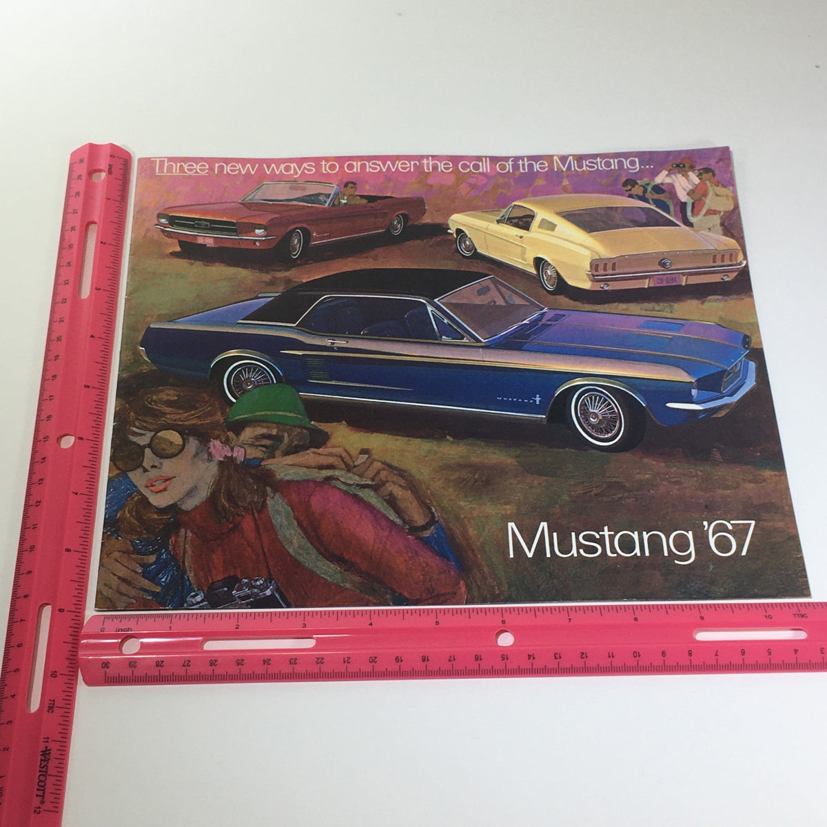 1967 Mustang 2-Door Sedan Special V-8 Engine 320HP 54-Plate Car Catalog Brochure featuring artistic design showcasing Mustangs in various colors and styles, capturing the essence of classic American muscle cars.