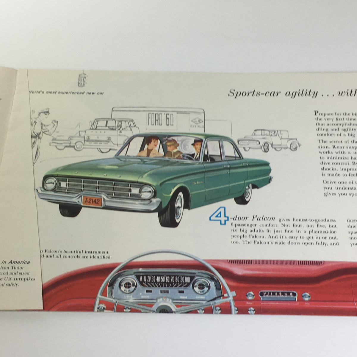 1960 Ford Falcon The New-Size 4-Door 90-HP 144CU Falcon Six Car Catalog Brochure showing green Falcon car with passengers and dashboard illustration.